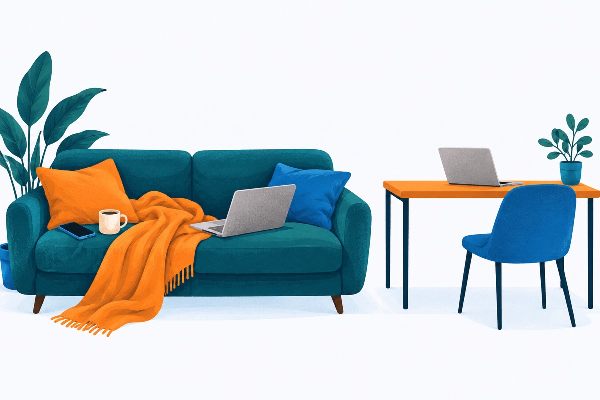A messy couch covered with a phone, a coffee mug, a blanket and a laptop sits next to a clean, bare desk with one laptop and an empty chair.