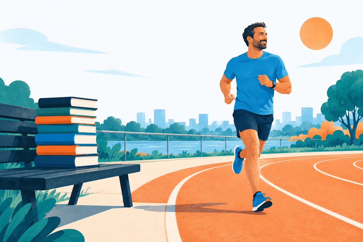 A runner jogging easily on a sunny track while a tall stack of closed books sits untouched on a nearby bench.