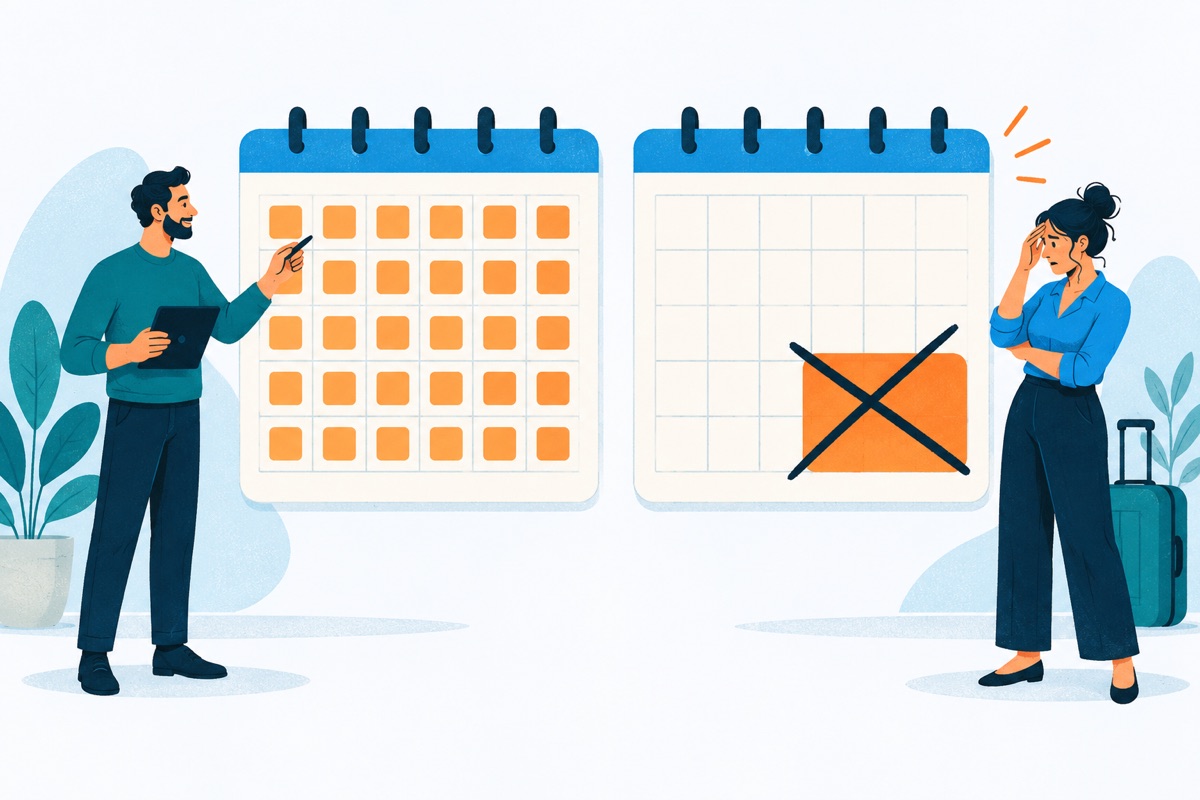 Two monthly calendars side by side: one with a small shaded square on every single day, the other completely empty except for one huge shaded block covering a single weekend, with that block crossed out.