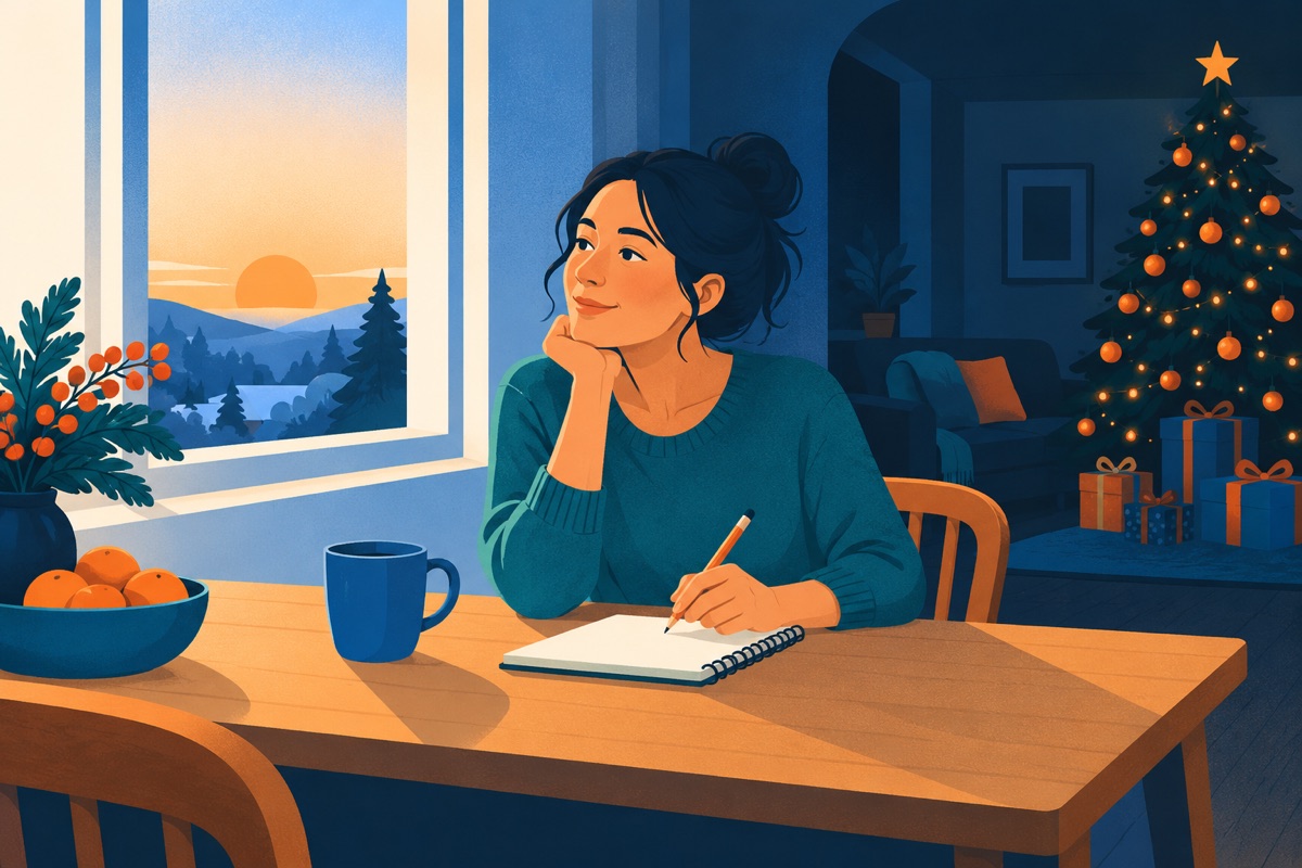 A person at a kitchen table at dawn with a pencil and a notepad, while a decorated tree and wrapped gifts sit in the dark room behind them.