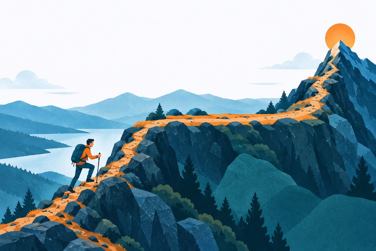 A hiker climbs a mountain trail that rises steeply, runs along a long flat ridge, then rises steeply again toward the peak.
