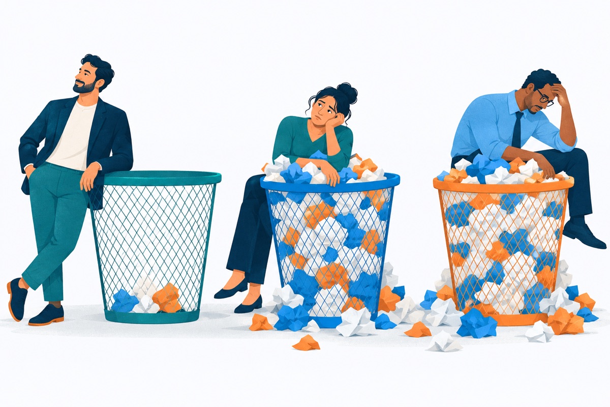 Three bins sit side by side; one holds a few crumpled papers while the other two are overflowing.