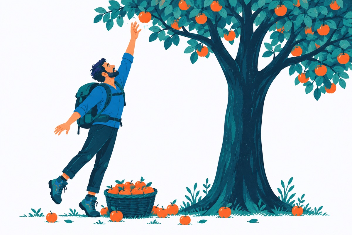 A hiker straining on tiptoe to reach one apple at the very top of a tall tree while a full basket of fallen apples sits ignored at his feet.