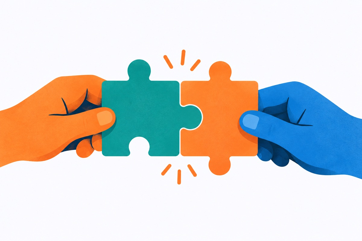 Two puzzle pieces, one coming from the left and one from the right, snapping together into a single shape.