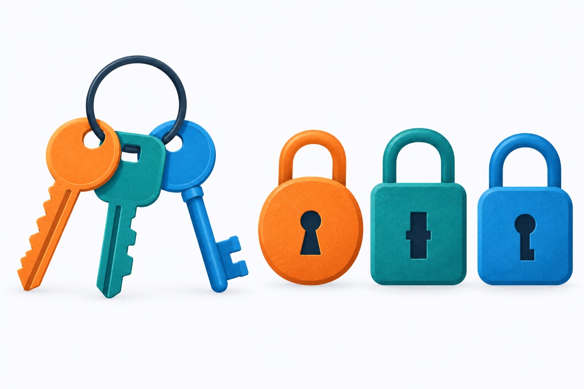 Three different keys hang on one ring, each one shaped to fit a different lock beside it.