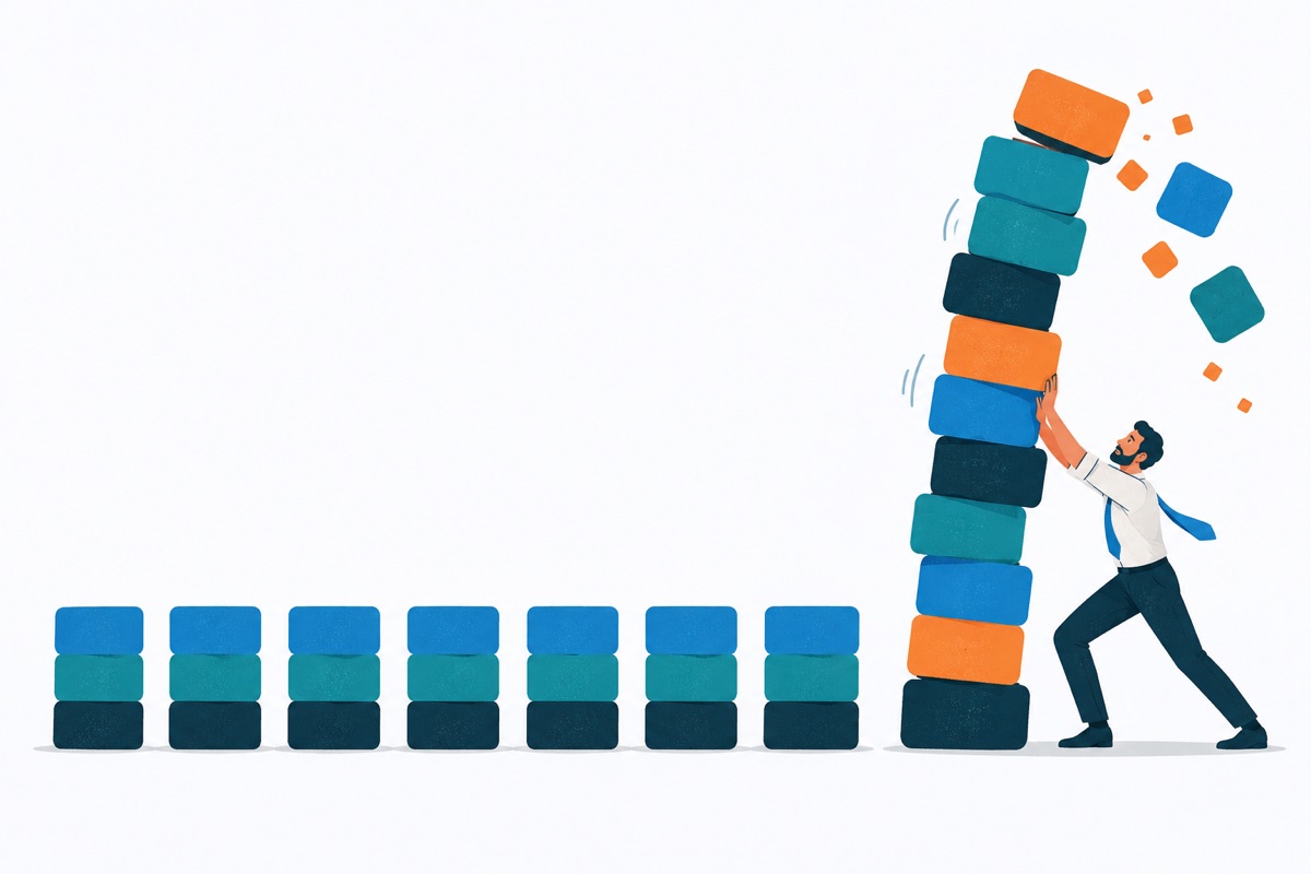 Seven small, even stacks of blocks standing in a neat row beside one tall, wobbly stack that is crumbling off the top.