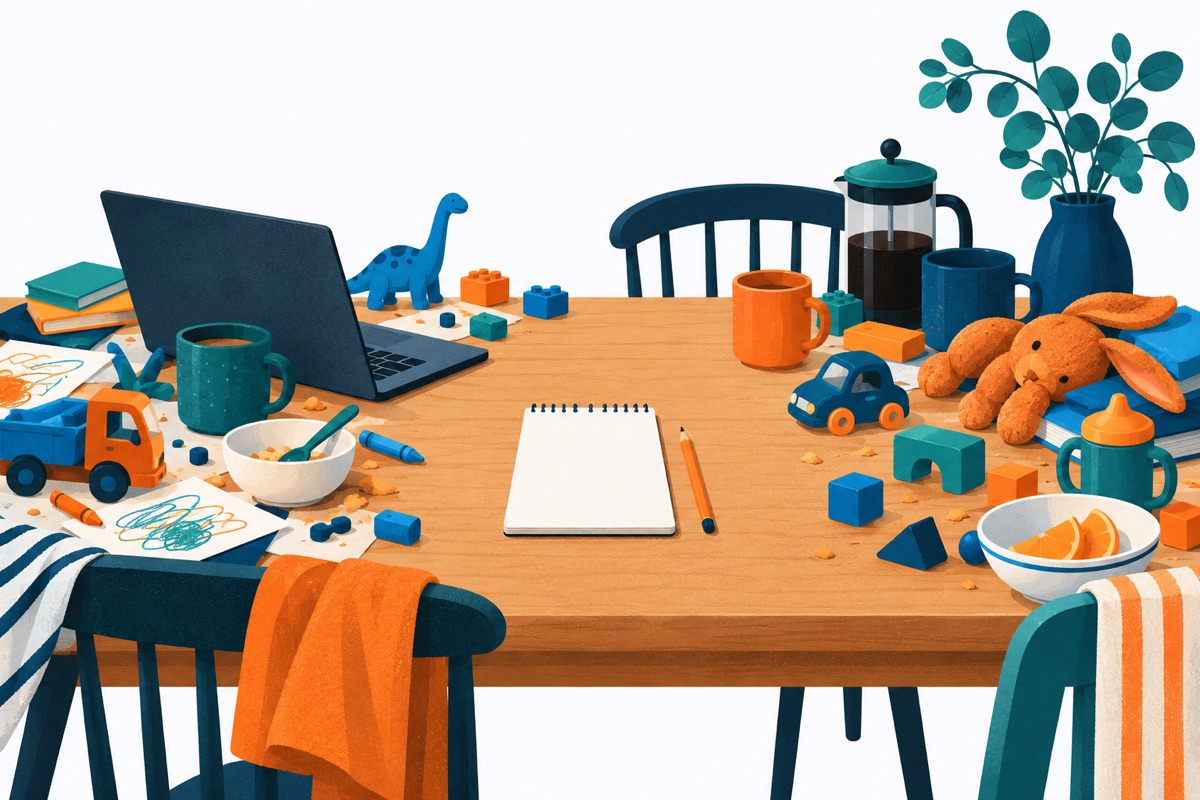 A messy kitchen table covered with toys, coffee mugs and a laptop, with one small clean square of space in the middle holding a single notepad and pencil.