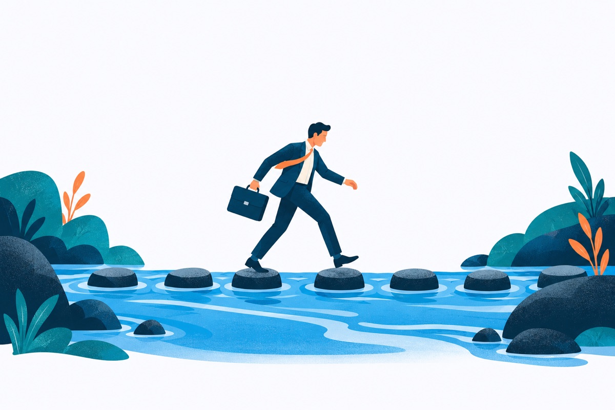 A row of small identical stepping stones crossing a stream, with a person halfway across stepping from one stone to the next.