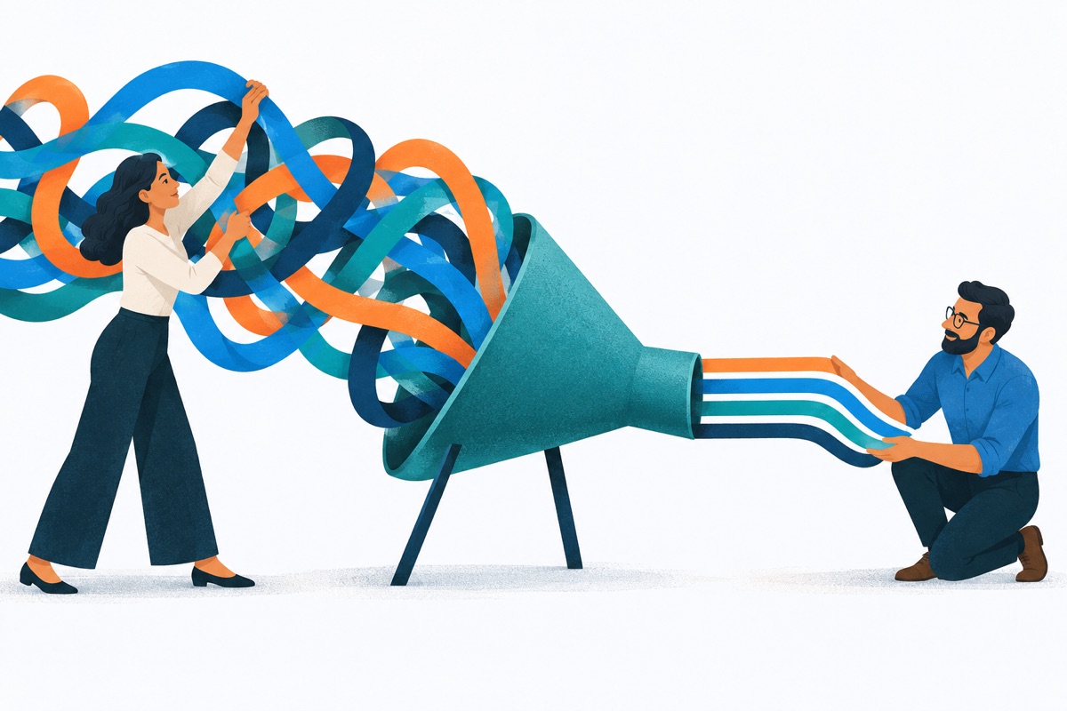 A long tangled ribbon of text is fed into a funnel on the left and comes out the right side as a few short, neat lines.