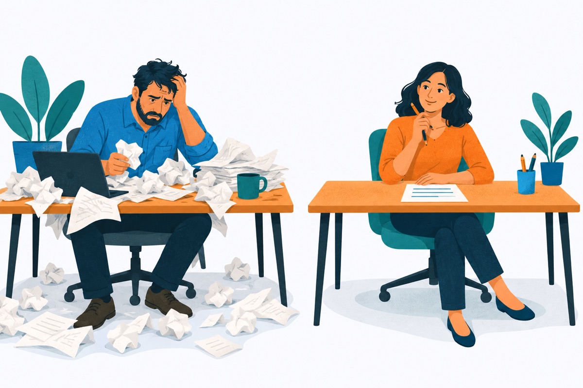 A cluttered desk covered in crumpled pages next to a clean desk holding a single sheet with a few tidy lines and a pencil.
