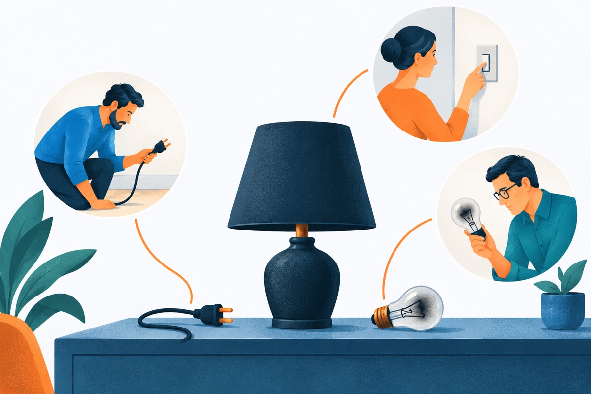A dark table lamp in a room, with its loose plug on the floor, a burned out bulb beside it, and a flipped wall switch, each shown as a separate small scene around the lamp.