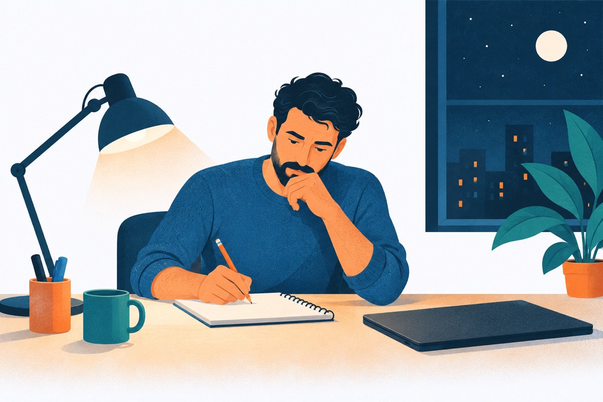 A person at a desk at night, pencil in hand, redoing a problem on a notepad, with a closed laptop pushed aside.