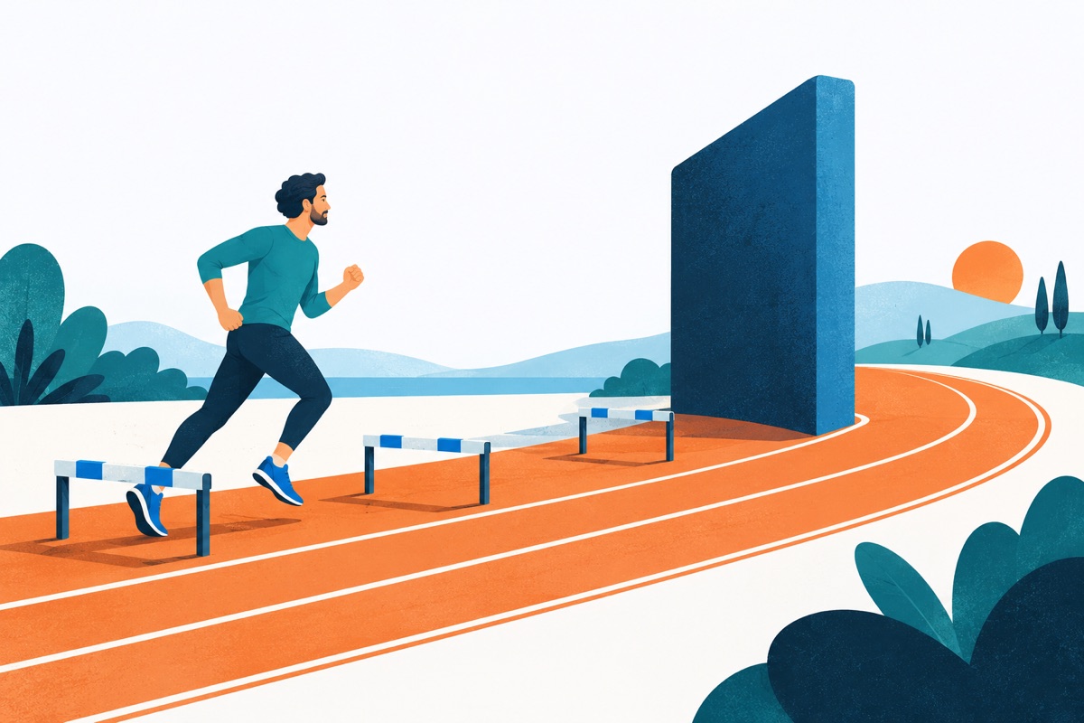A runner moves at an even pace along a track lined with small hurdles, stepping around one tall wall instead of trying to climb it.