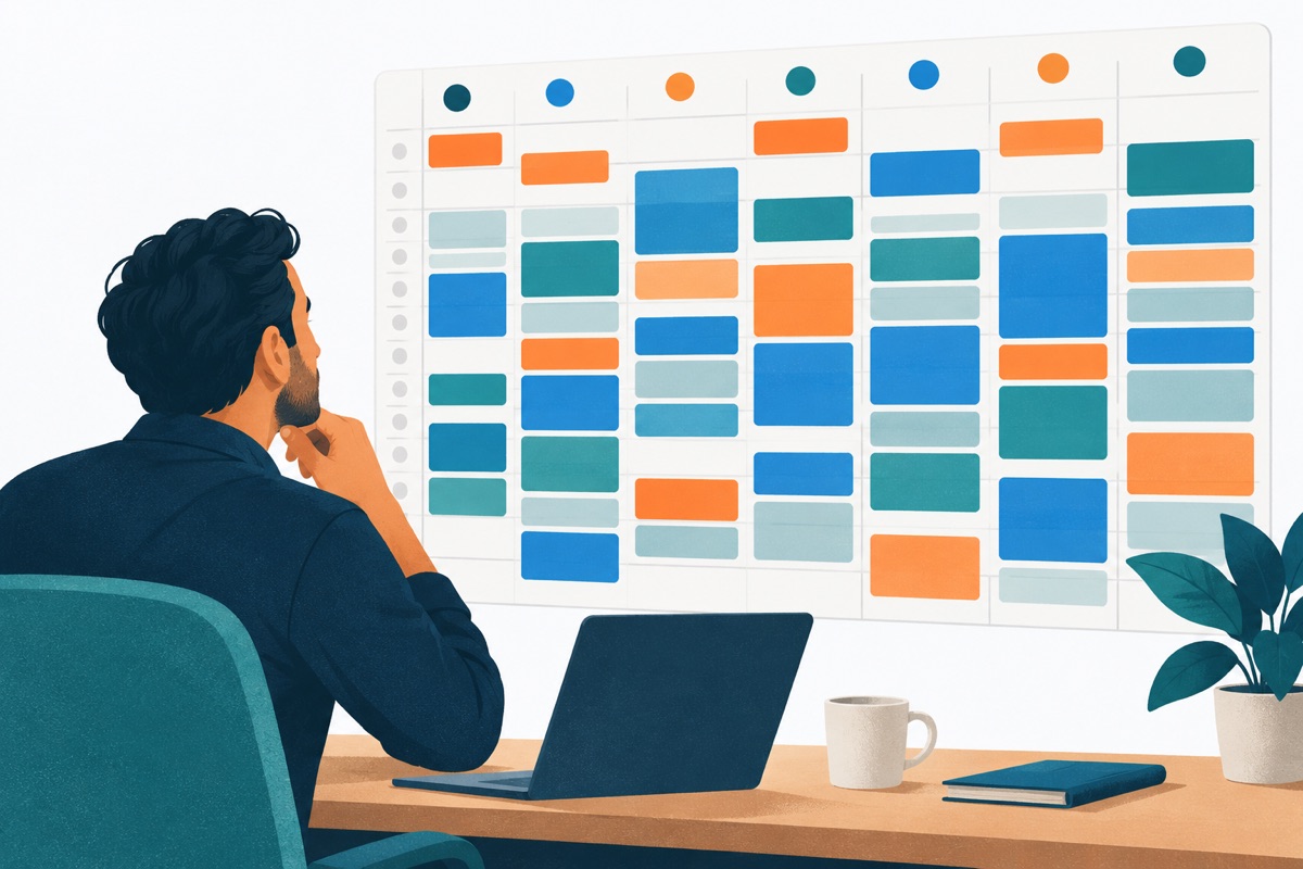 A weekly calendar grid crowded with colored meeting blocks, with a few small blocks in the early morning slots shaded in a bold color that stands out from the rest.