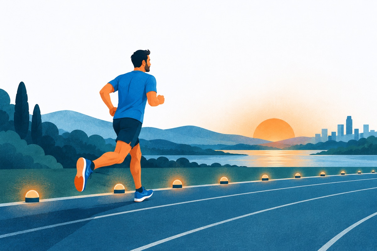 A runner on a track at sunrise passing a row of small evenly spaced markers, each marker lit up behind them.
