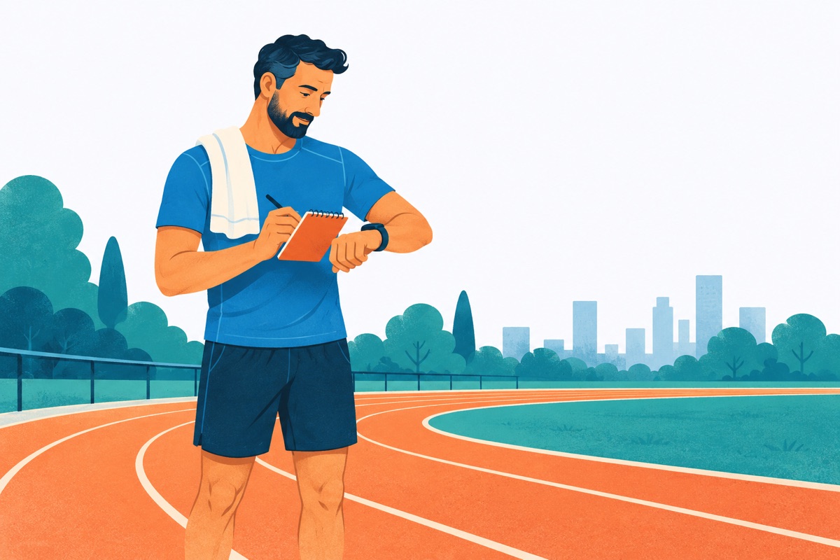 A runner standing on a track after a lap, looking at a stopwatch and writing in a small notebook.