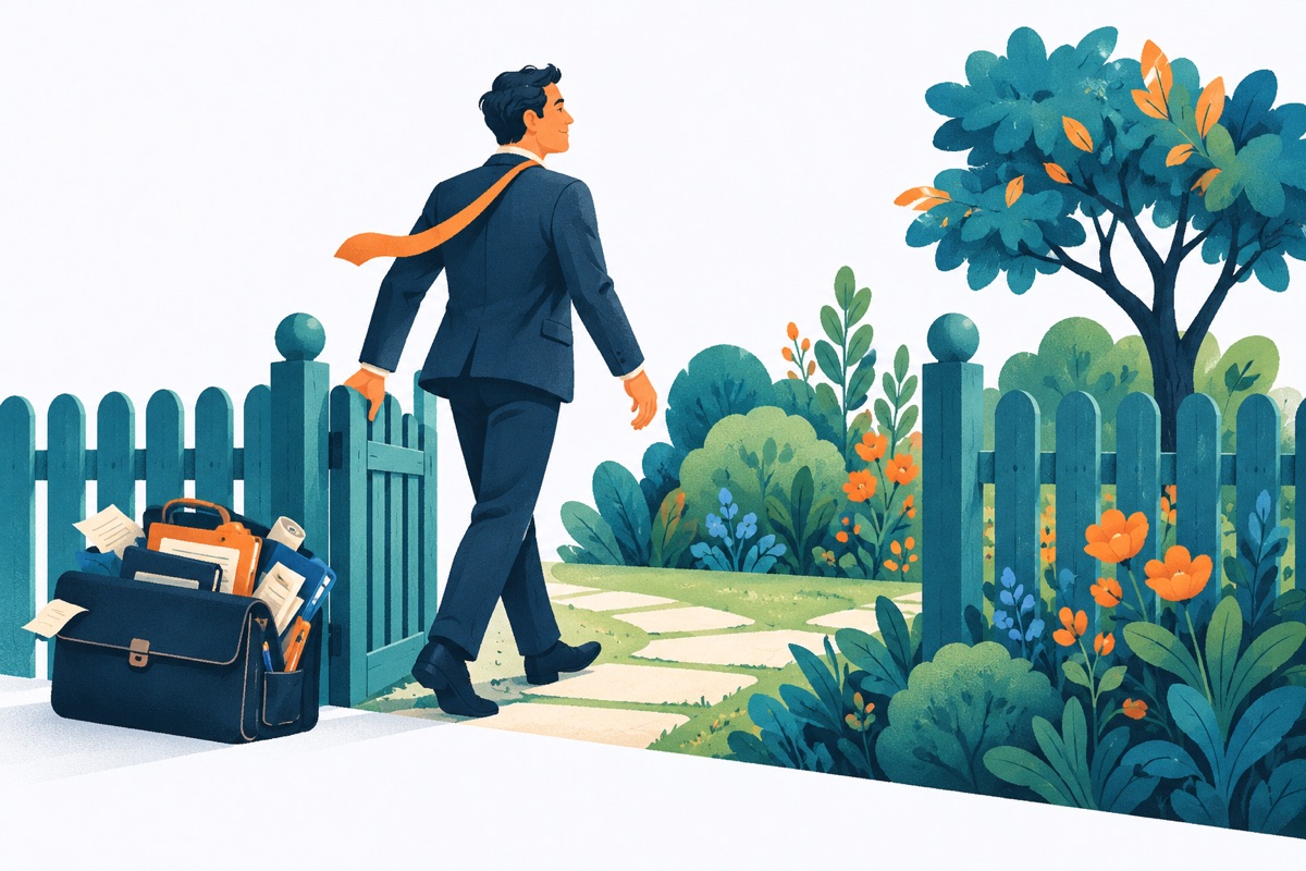 A person in business clothes stands at the gate of a small fenced garden, setting down a heavy, overstuffed briefcase before stepping inside empty-handed.