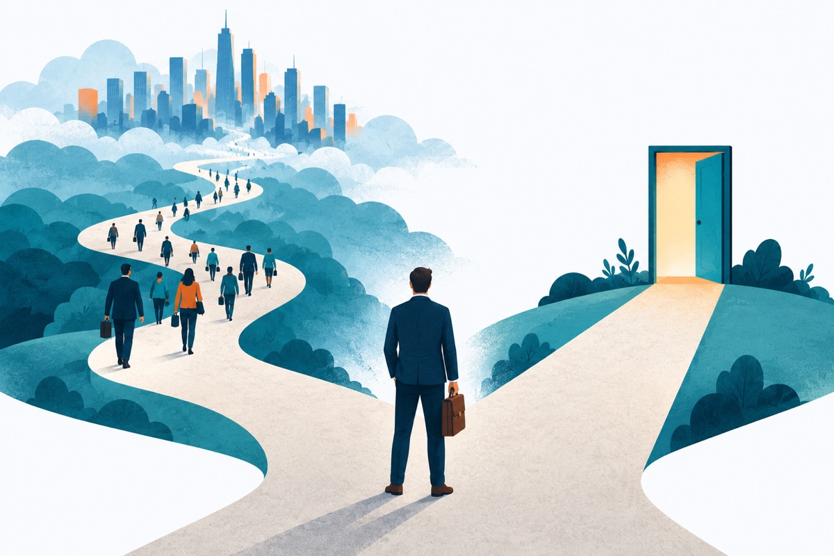 Two paths split from a single starting point: one winds off into a cloudy, crowded city skyline, the other runs straight to a single open door a short distance away.