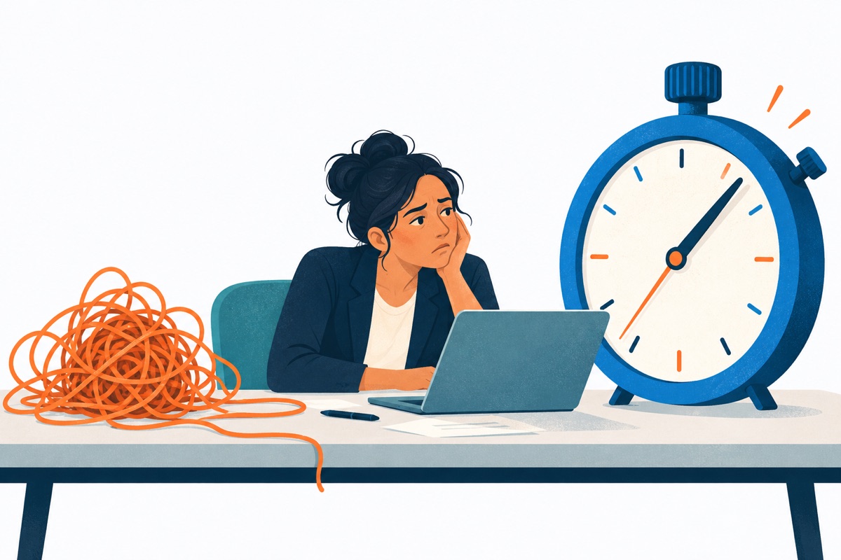 A tired professional at a desk stares at a large ticking stopwatch while a tangled knot of string sits ignored on the desk beside them.