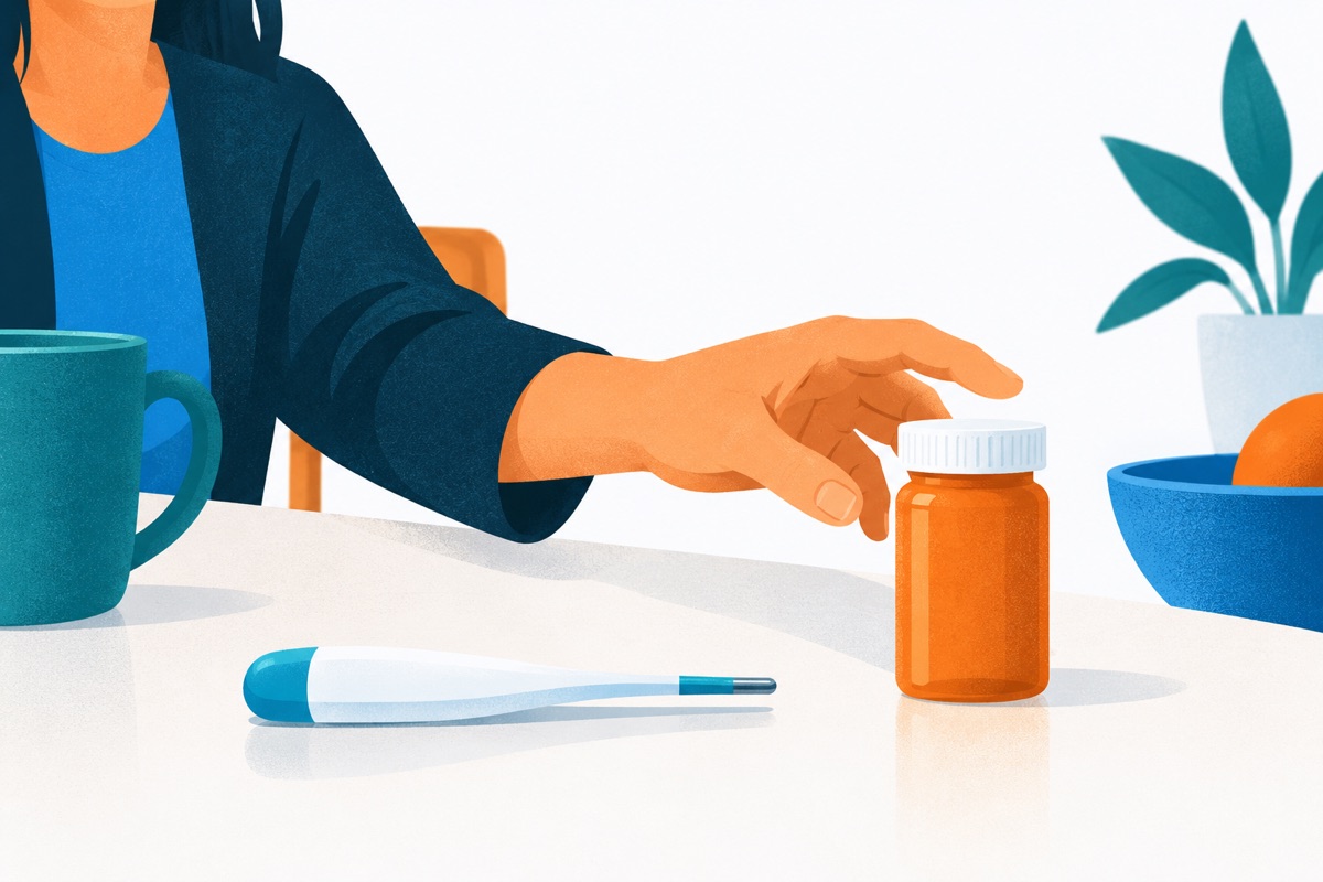 A closed medicine bottle beside a thermometer on a kitchen table, with a hand reaching past the thermometer to pick up the bottle.