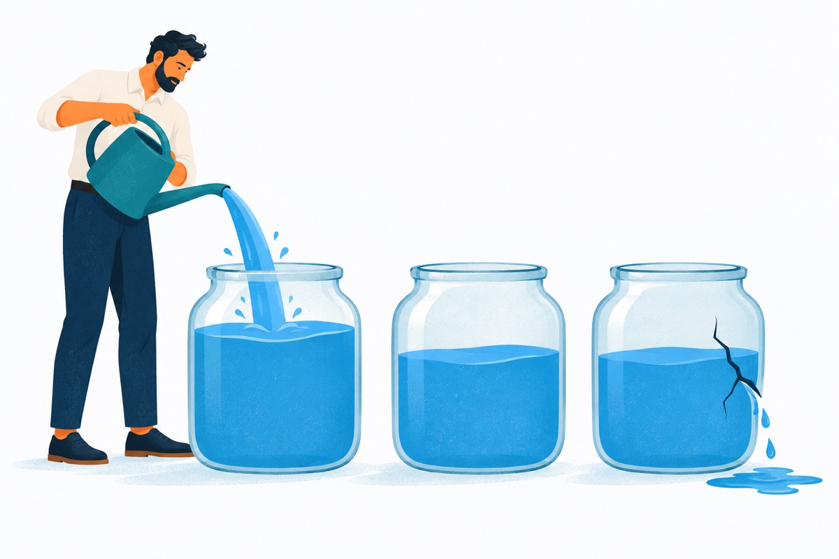 Three identical jars side by side; a person pours water into one jar while a crack in another jar lets water drip out onto the floor.