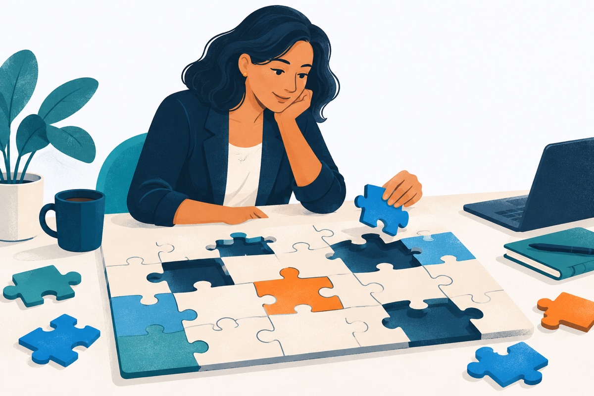 A jigsaw puzzle on a desk with one piece snapped firmly in place and several empty spaces around it still waiting for their pieces.