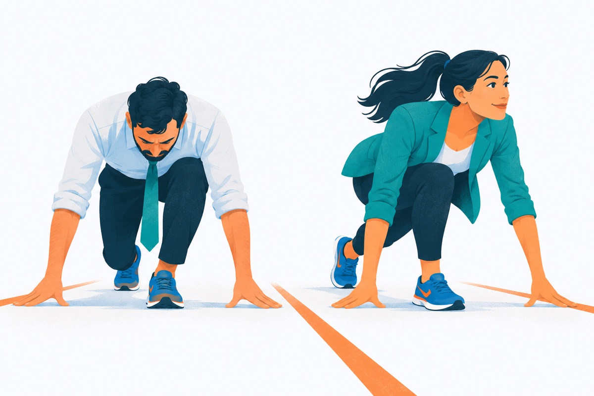 Two runners crouch at the same start line; one is hunched and looking down at the track, the other leans forward with eyes on the road ahead.