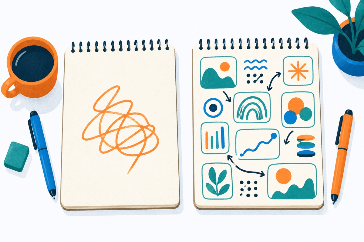 Two scratch pads side by side on a desk; one is nearly blank with a single scribble, the other is filled with neat, organized notes in small boxes.